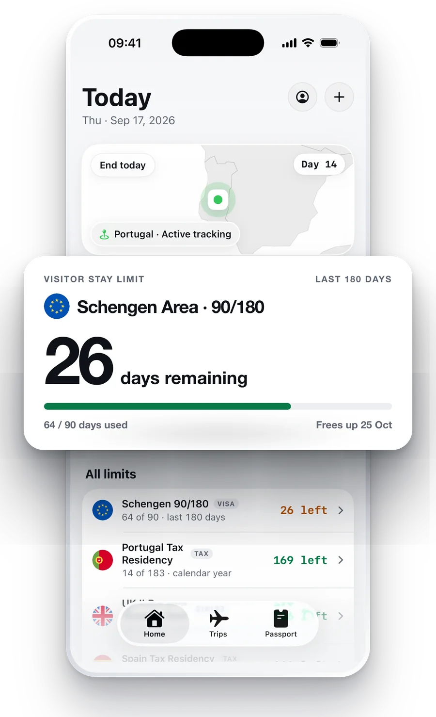 Quota's Today screen: Portugal active tracking, Schengen 90/180 with 26 days remaining