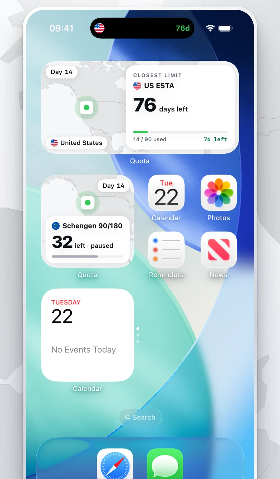iPhone Home Screen with two Quota widgets: US ESTA 76 days left and Schengen 90/180
